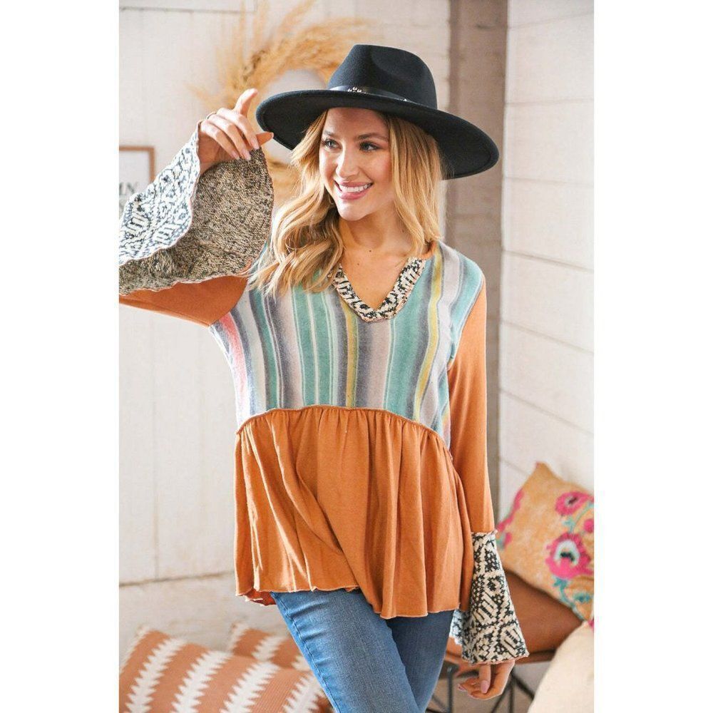 Sugarfox Camel Hacci Multi Stripe Aztec Bell Sleeve Top ST5702A - Picture 3 of 8